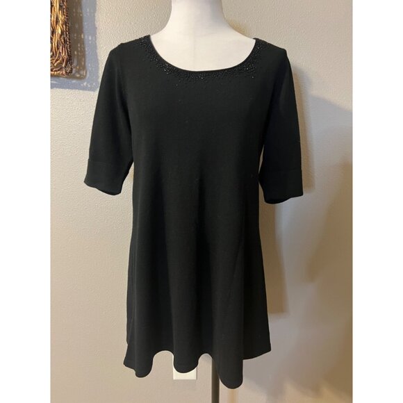 Eileen Fisher Women's Sweater M Medium Black Beaded Merino Wool Short Sleeve - Picture 4 of 13